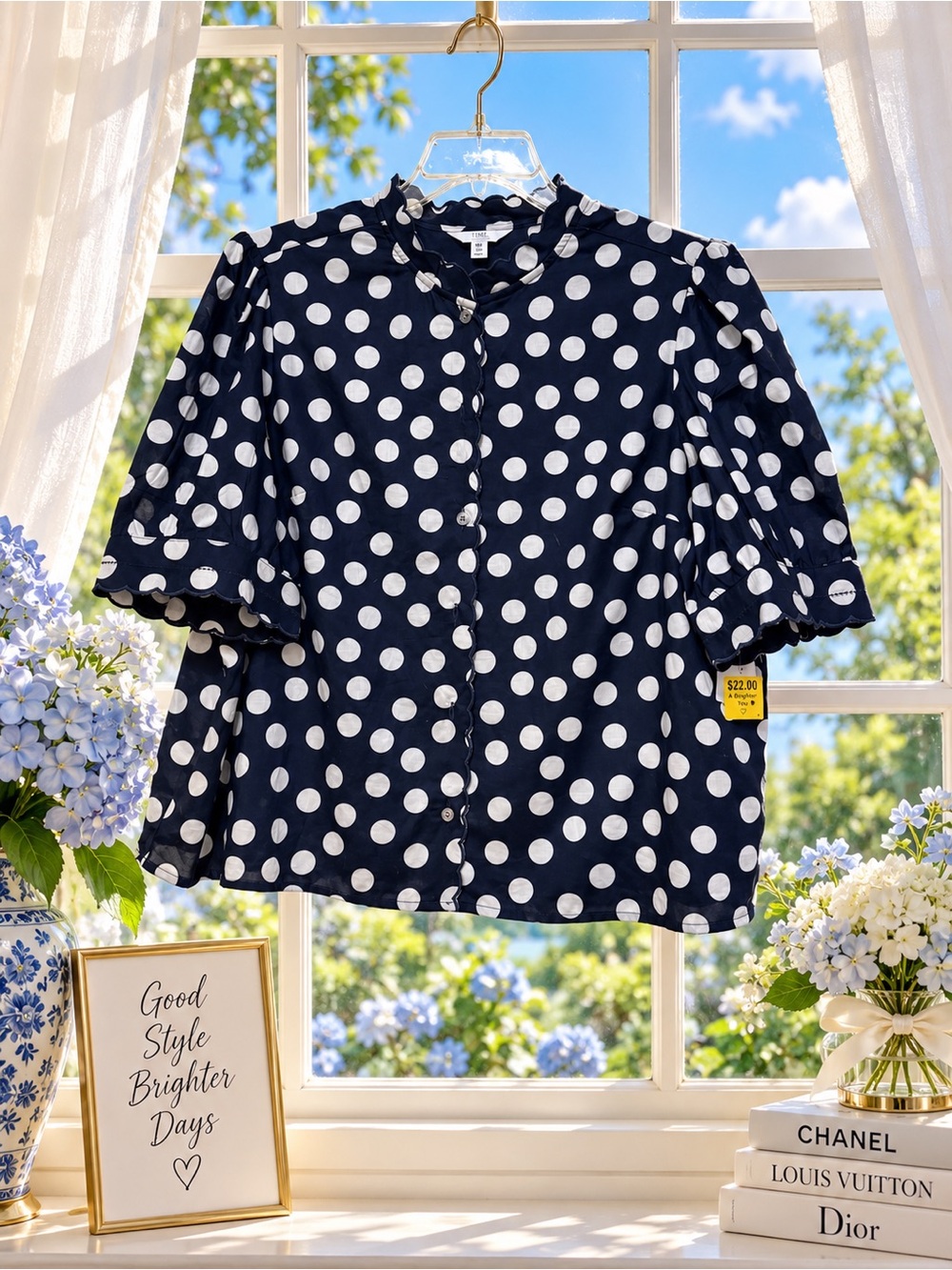 Polka Dot Button-Front Blouse in Navy and White